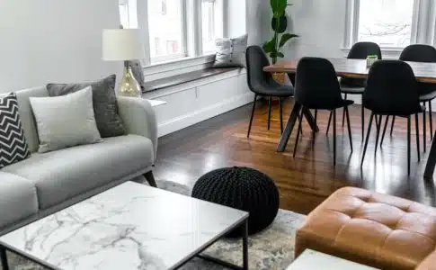 white and black table near white couch