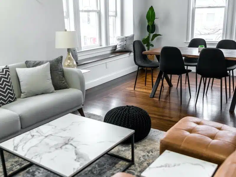 white and black table near white couch