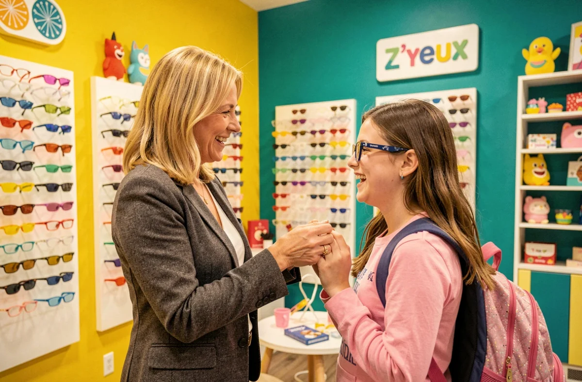 Opticienne de 4 Z'Yeux aidant une adolescente à choisir des montures colorées dans une boutique à l'ambiance ludique et vibrante