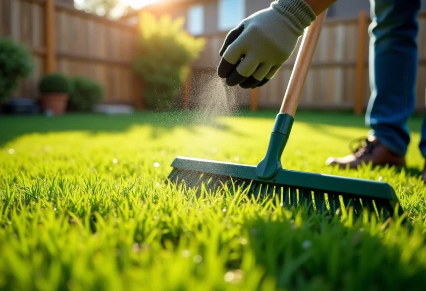 Pelouse verte en cours de préparation pour le printemps en Belgique