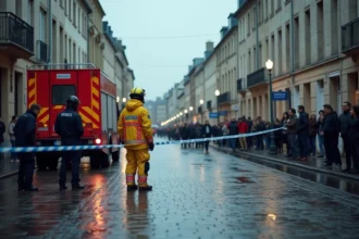 Scène d'intervention des pompiers sur une rue urbaine à Lorient avec badauds derrière un ruban de sécurité
