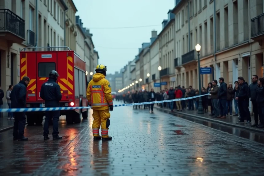 Scène d'intervention des pompiers sur une rue urbaine à Lorient avec badauds derrière un ruban de sécurité