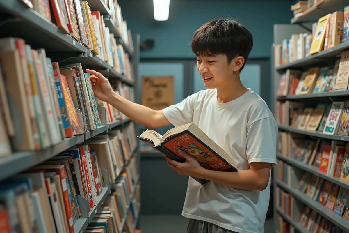 Adolescent parcourant des manhwas dans une librairie urbaine