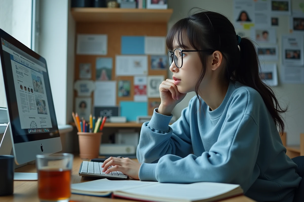 Adolescente avec des lunettes lisant One Piece sur un écran d'ordinateur dans une chambre d'étudiant entourée de cahiers et de mangas