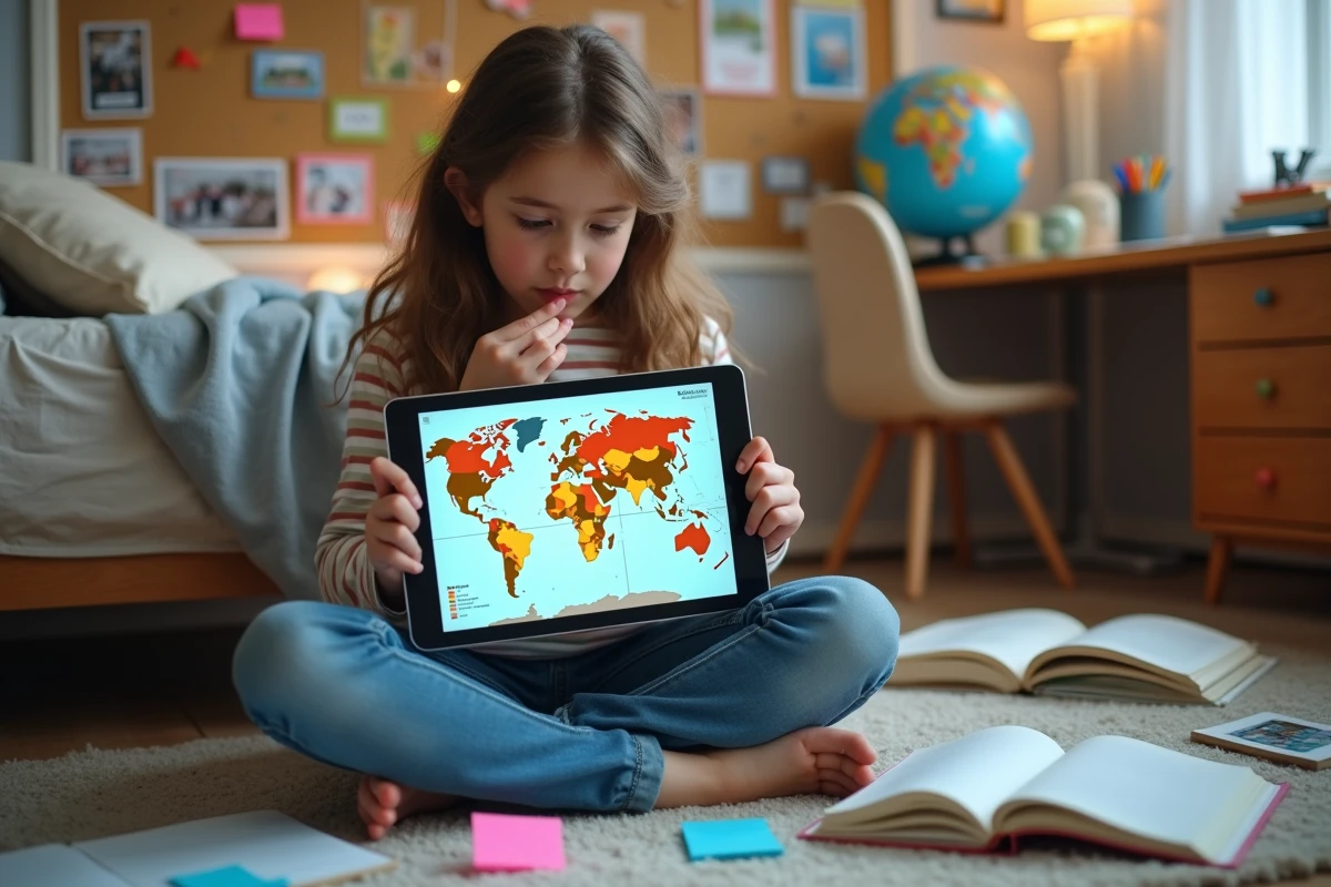 Adolescente révisant les capitales du monde sur une tablette entourée de livres de géographie et de cartes dans sa chambre
