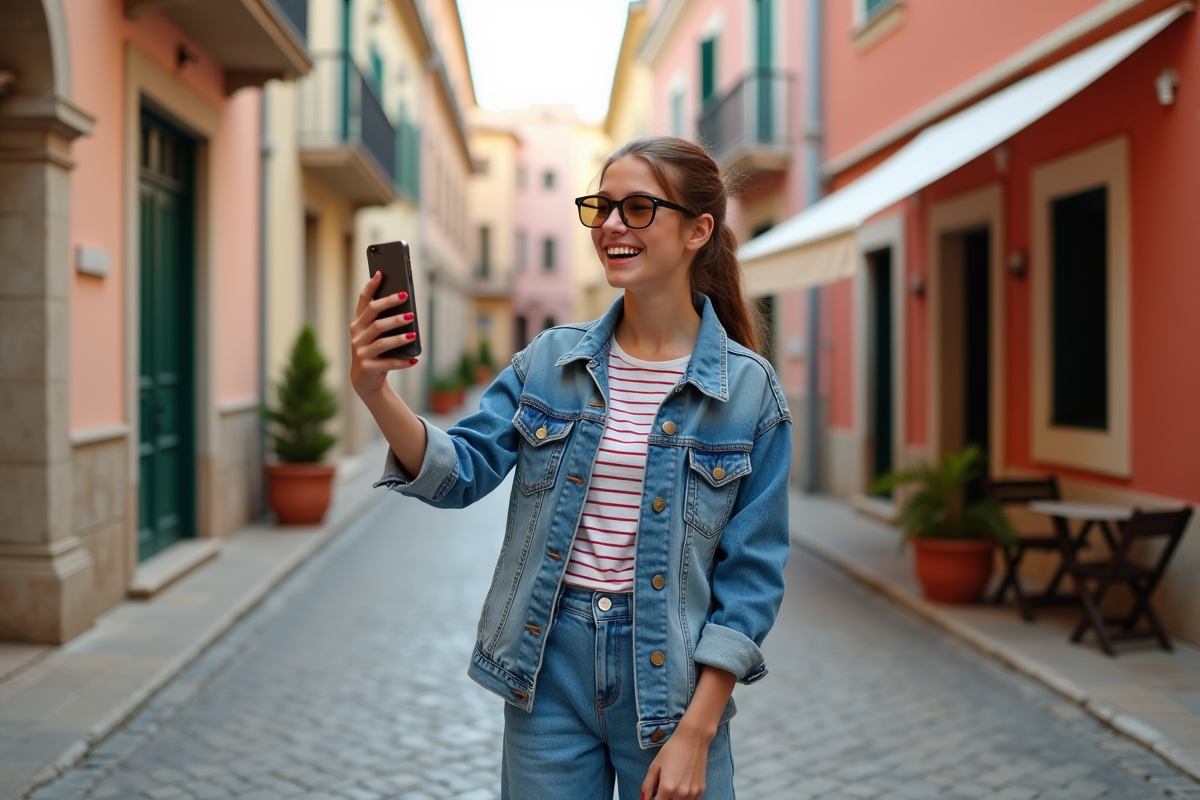 Adolescente riant en selfie dans une rue méditerranéenne