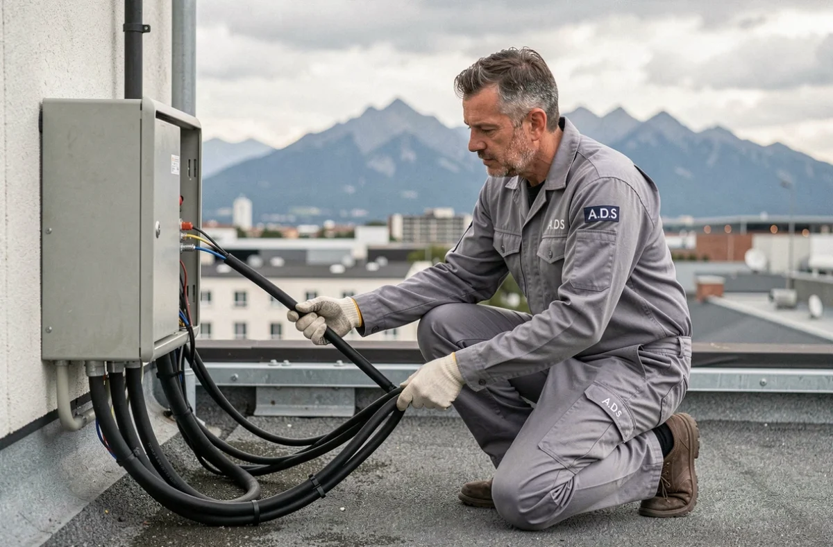 Technicien d'A.D.S réalisant une installation électrique en toiture avec les Pyrénées en arrière-plan