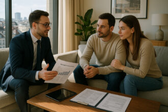 Agent immobilier discutant avec un couple dans un salon lumineux à Bruxelles