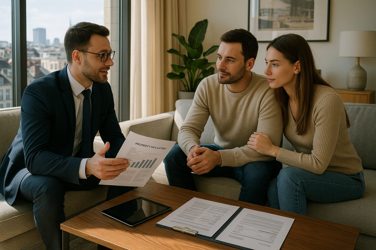 Agent immobilier discutant avec un couple dans un salon lumineux à Bruxelles