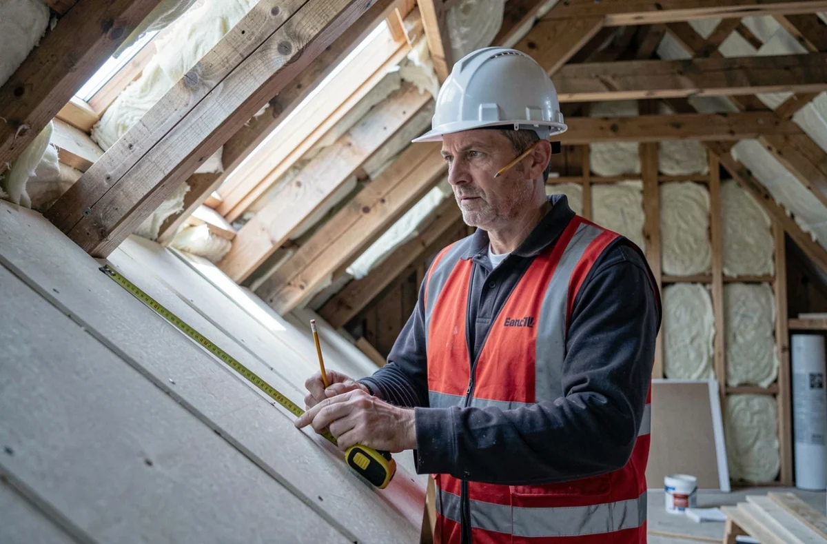 Couvreur d'Amenage-Toit mesurant des panneaux lors d'une rénovation de combles dans le nord de la France