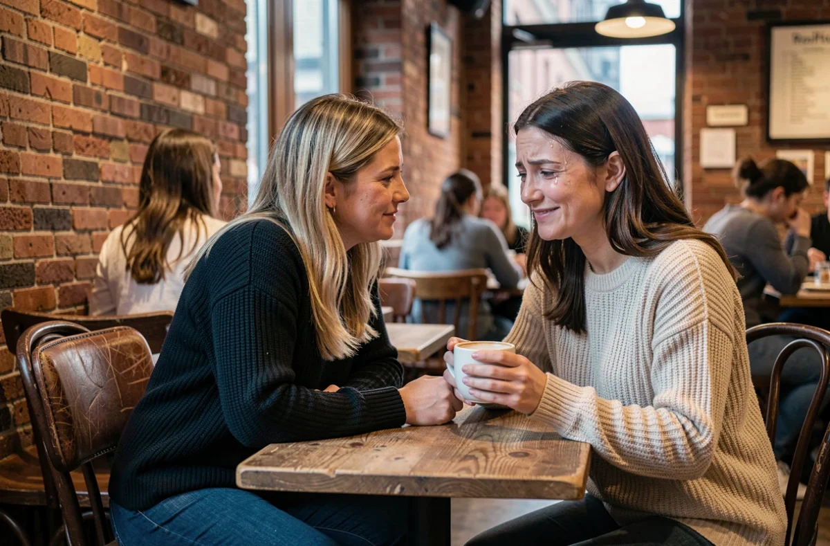 Deux amies dans un café se soutenant mutuellement après une trahison amoureuse, moment de réconfort et de tournage de page