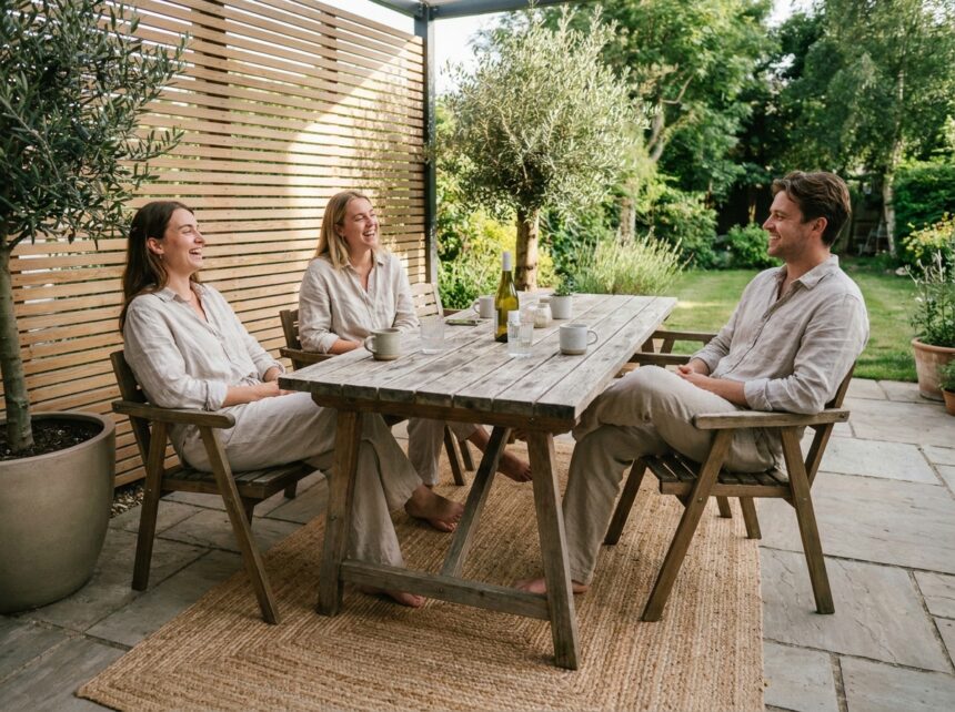 Groupe d'amis autour d'une table en terrasse en été