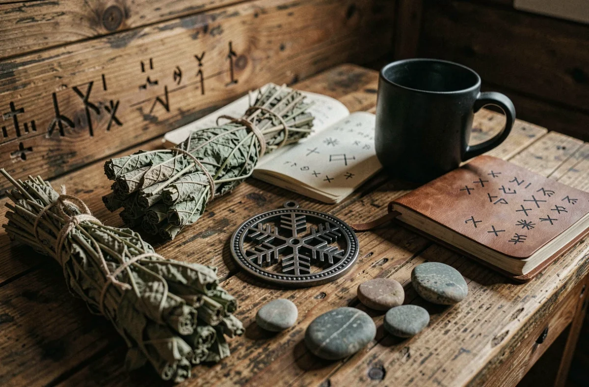 Amulette Vegvisir en fer forgé entourée de symboles runiques, sauge séchée et pierres naturelles sur une table en bois de chalet nordique