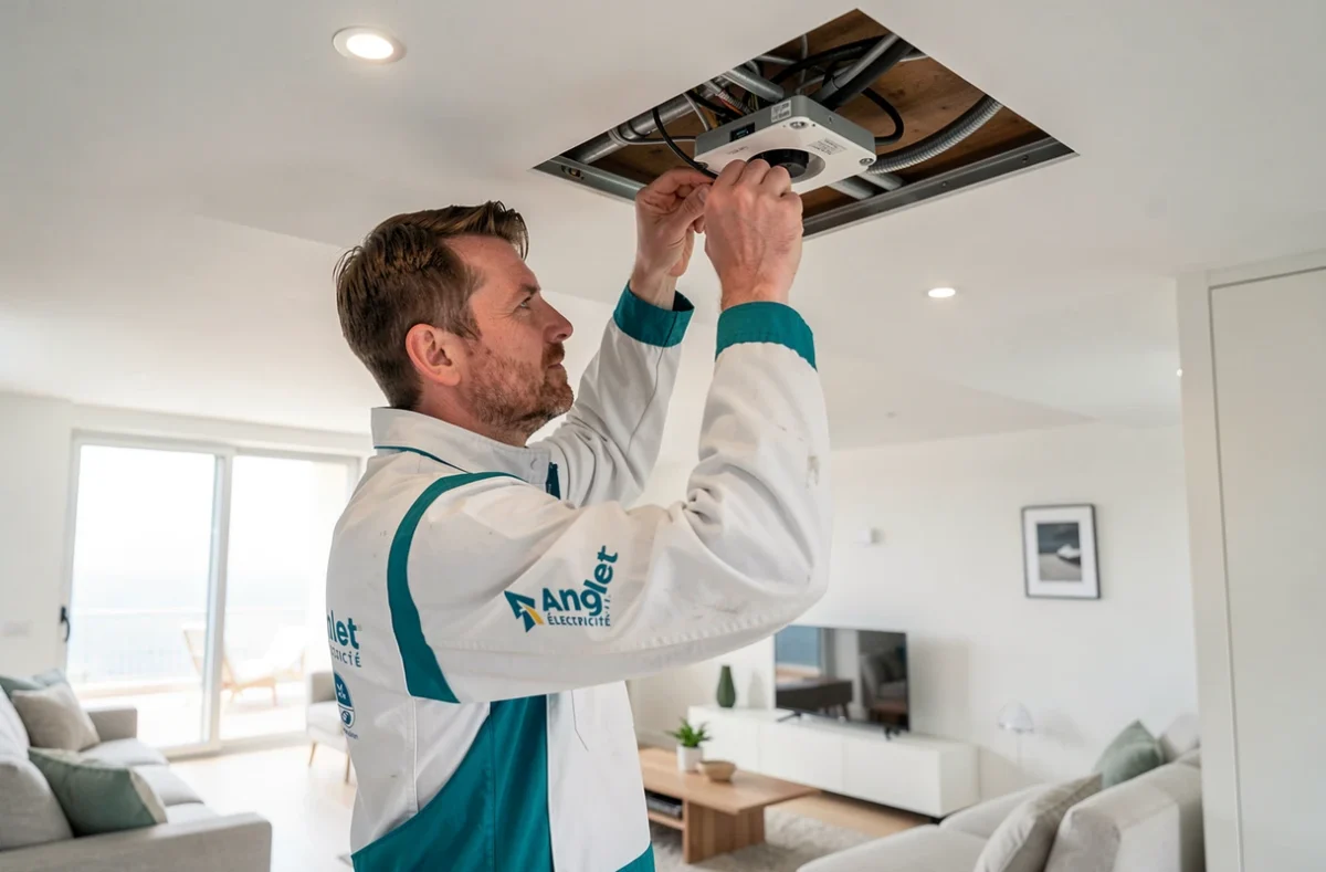 Électricien d'Anglet Électricité installant des spots LED encastrés dans un appartement moderne en bord de mer à Anglet
