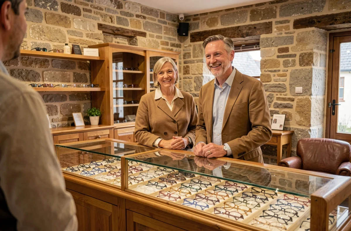 Duo d'opticiens d'Anne & Henri dans leur boutique aux murs en pierre bretonne, présentant leur collection de montures