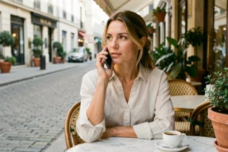 Femme appelant la Suisse depuis un café en France avec son smartphone lors d'un déplacement