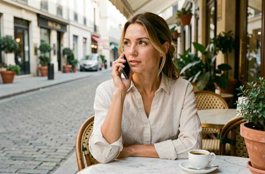 Femme appelant la Suisse depuis un café en France avec son smartphone lors d'un déplacement