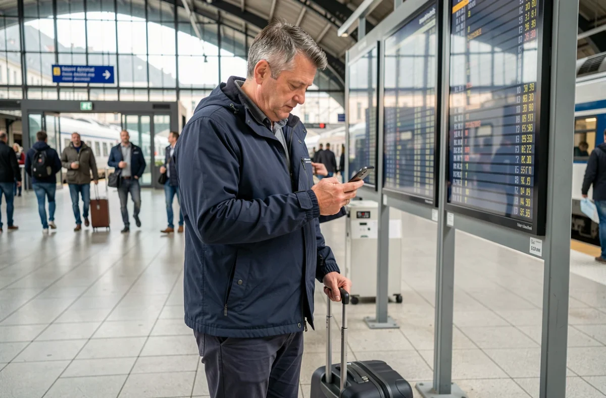 Homme composant un numéro international vers la Suisse dans une gare française avec ses bagages de voyage