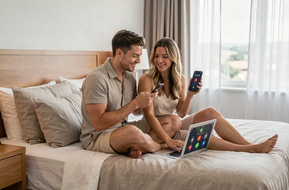 Couple en vacances appelant la Suisse depuis la France via une application de téléphonie internationale sur smartphone et ordinateur