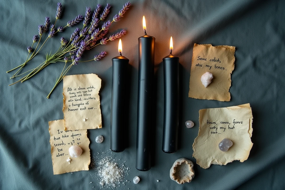 Vue du dessus d'un arrangement rituel avec trois bougies noires sel et pierres de protection en magie blanche