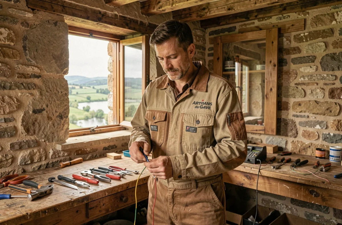 Artisan électricien des Artisans du Gave remettant en état le réseau électrique d'une ferme en pierre béarnaise