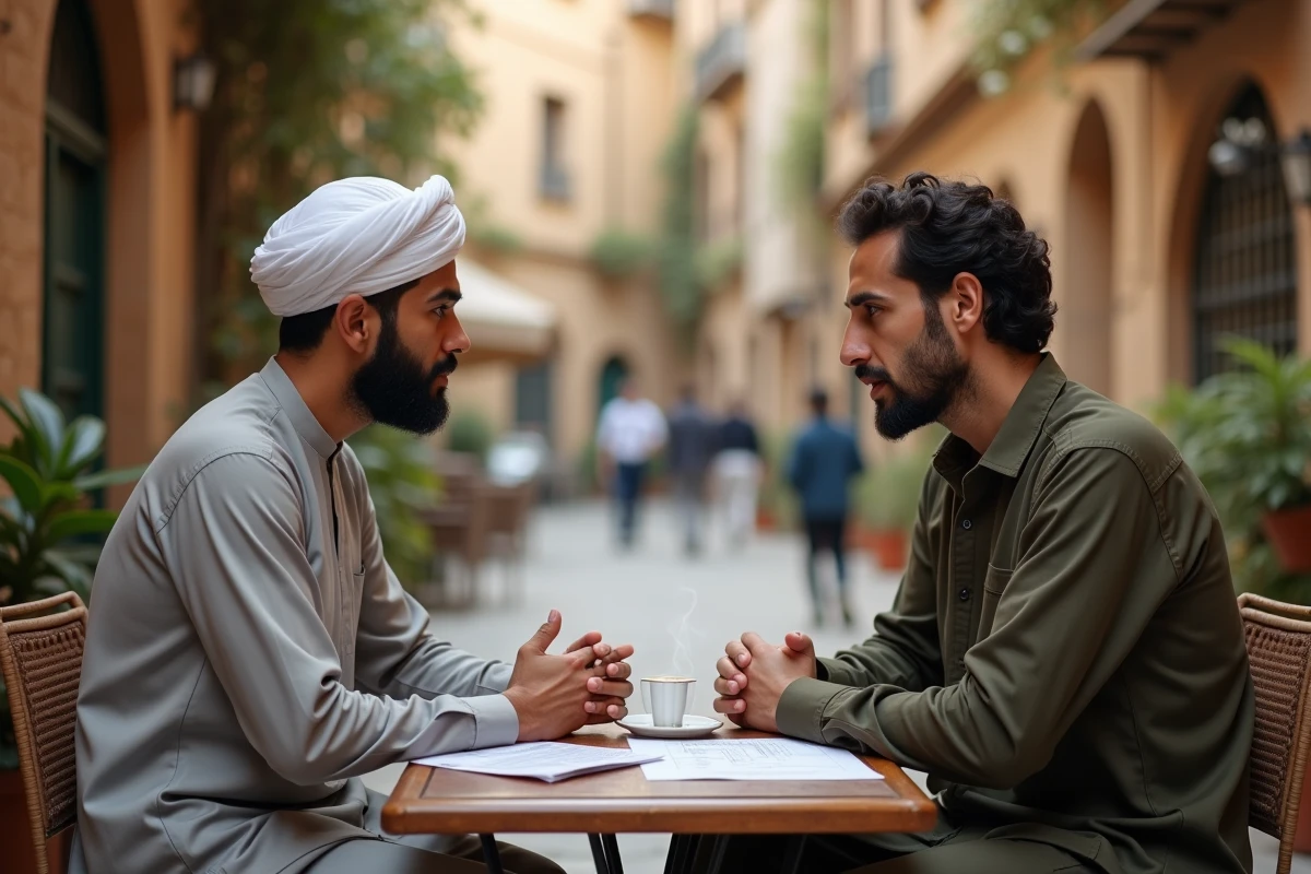 Deux associés musulmans discutant d'un projet halal dans un café de vieille ville, documents sur la table, échange sérieux et réfléchi après consultation spirituelle par istikhara