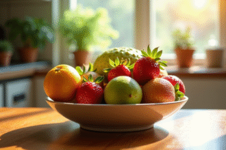 Assortiment de fruits S dans un bol en cuisine lumineuse