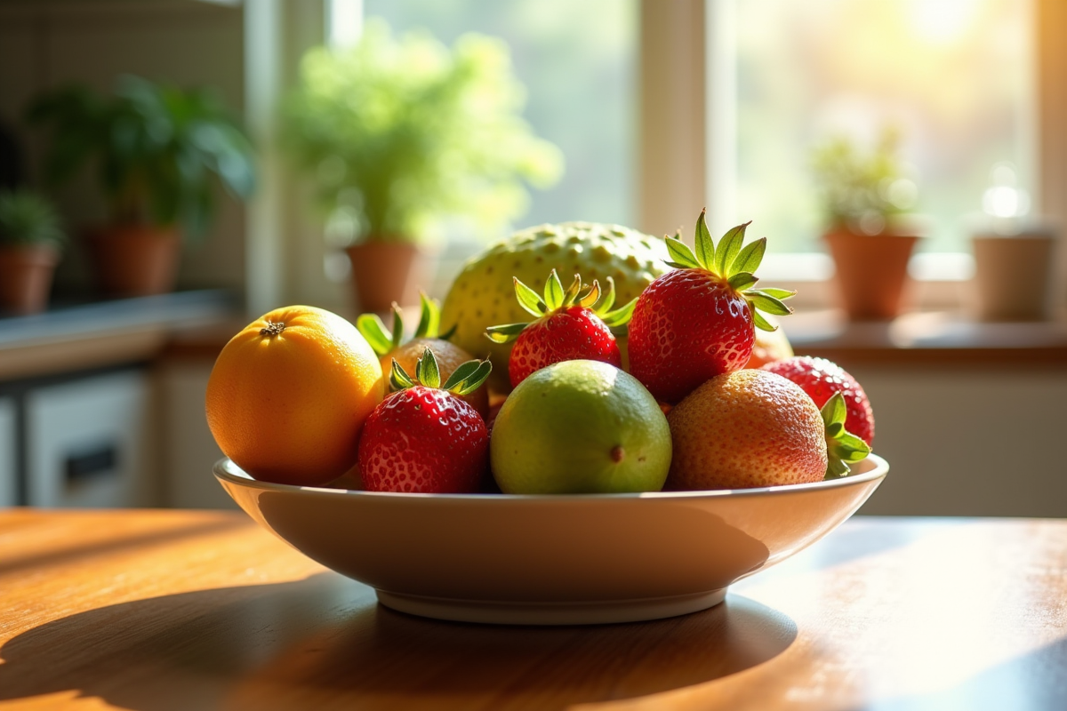 Assortiment de fruits S dans un bol en cuisine lumineuse