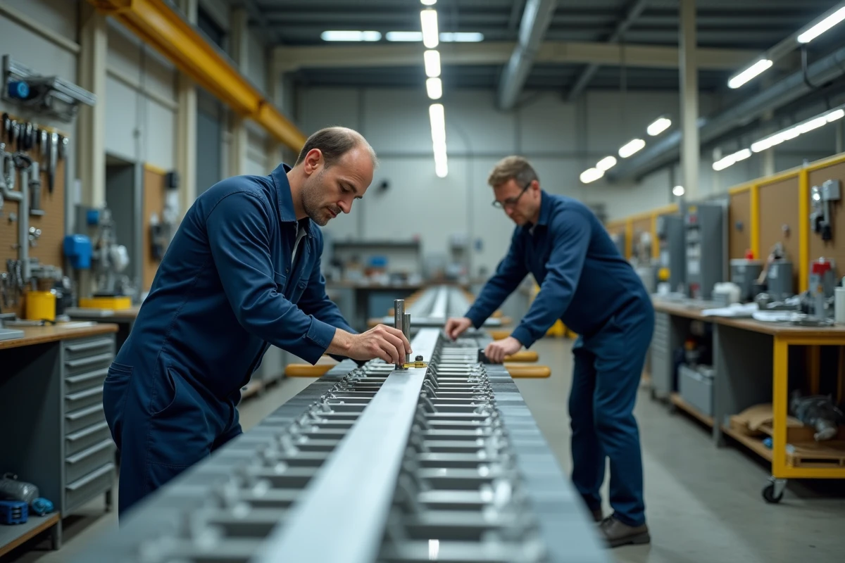 Techniciens français assemblant des équipements professionnels de piscine en acier inoxydable dans un atelier de fabrication industriel