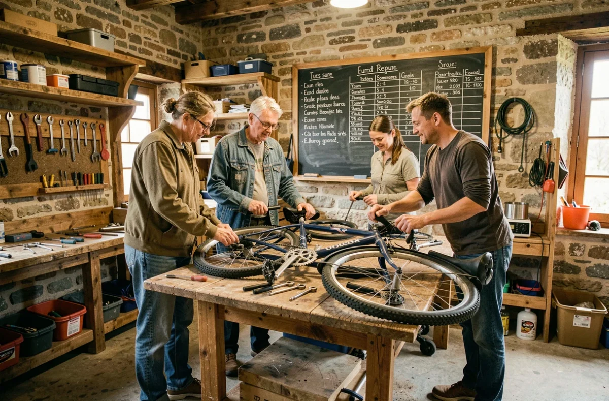 Bénévoles de l'Atelier participatif des Hogues dans l'Eure réparant un vélo ensemble dans l'atelier communautaire