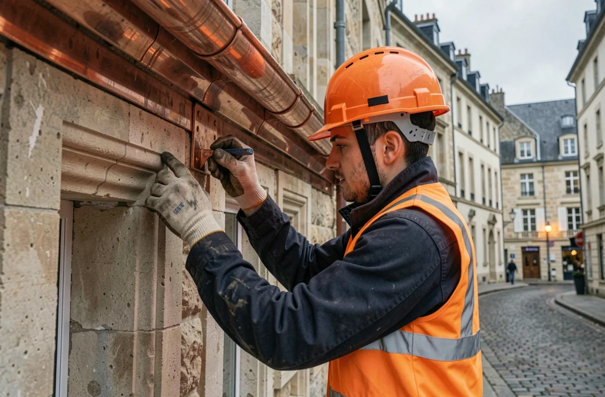 Couvreur d'Avf Couverture posant une gouttière en cuivre sur une maison en pierre de centre-ville dans le nord de la France