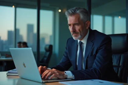 Avocat en costume navy face à un ordinateur avec erreur de connexion