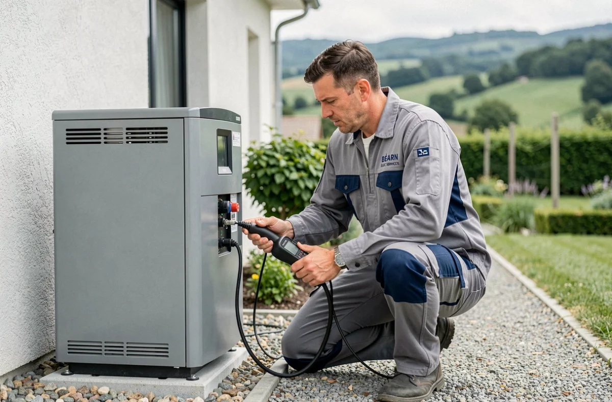 Électricien de Béarn Élec Services contrôlant une pompe à chaleur devant une maison moderne en Béarn