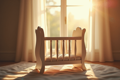 Berceau vide symbolique près d'une fenêtre en lumière douce