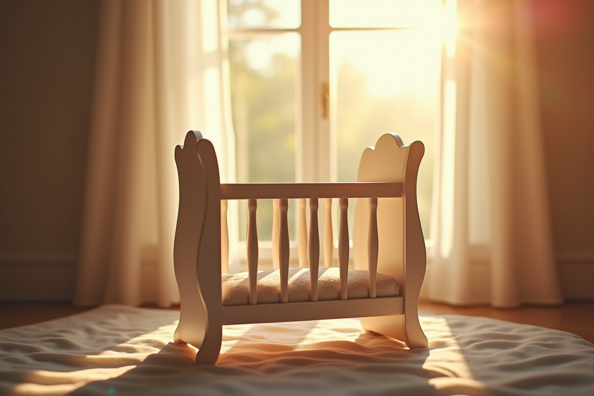Berceau vide symbolique près d'une fenêtre en lumière douce