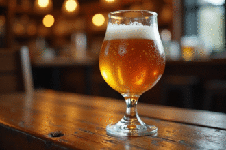 Verre de bière artisanale dans un verre tulipe sur une table en bois