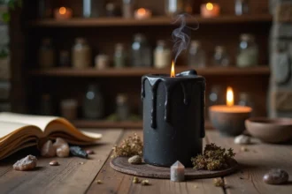 Bougie noire allumée sur un autel de magie blanche avec herbes séchées et cristaux