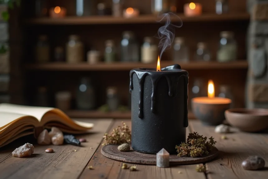 Bougie noire allumée sur un autel de magie blanche avec herbes séchées et cristaux