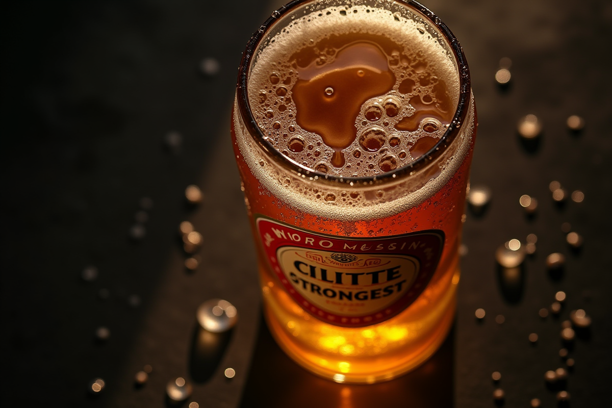Bouteille de bière très forte ouverte avec condensation en gros plan