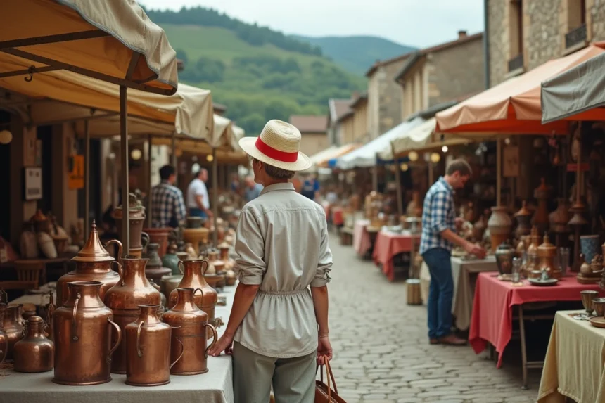 Brocante en plein air dans un village du Cantal avec étals d'objets anciens et bâtiments en pierre volcanique