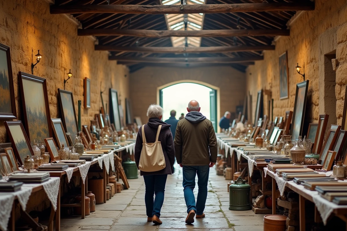 Intérieur d'une brocante couverte dans une grange en pierre du Cantal avec visiteurs parcourant les allées d'objets anciens
