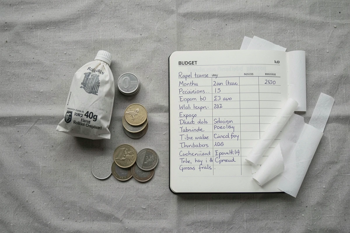Vue aérienne d'un paquet de tabac à rouler 40g avec des pièces de monnaie et un carnet de budget pour illustrer les stratégies d'économies mensuelles
