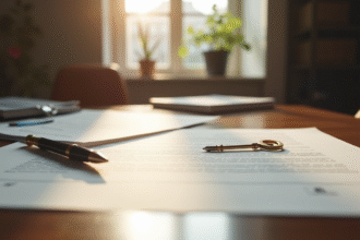 Bureau de notaire avec documents immobiliers et clé
