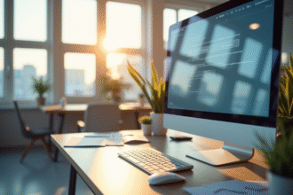 Espace de bureau moderne avec ordinateur et lumière naturelle