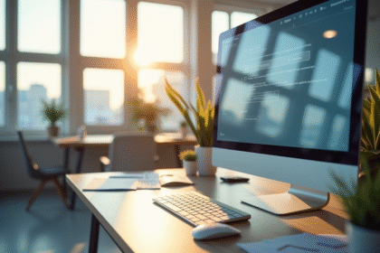 Espace de bureau moderne avec ordinateur et lumière naturelle