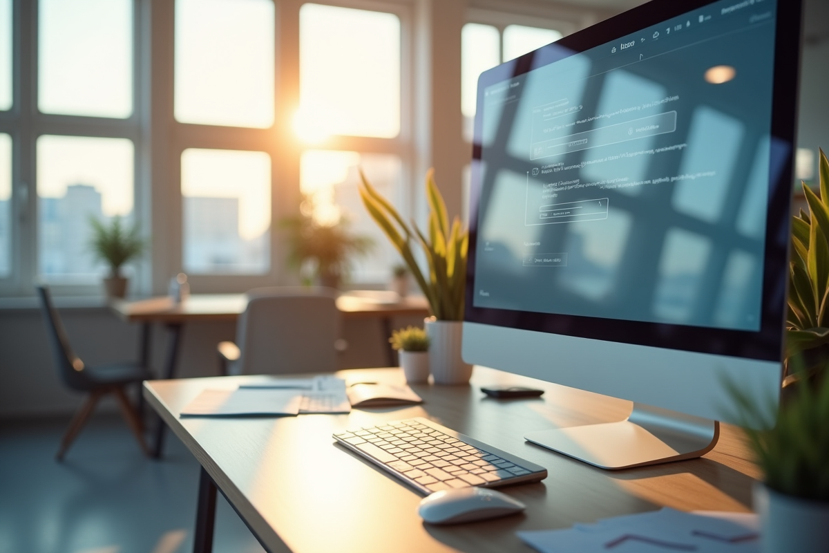 Espace de bureau moderne avec ordinateur et lumière naturelle