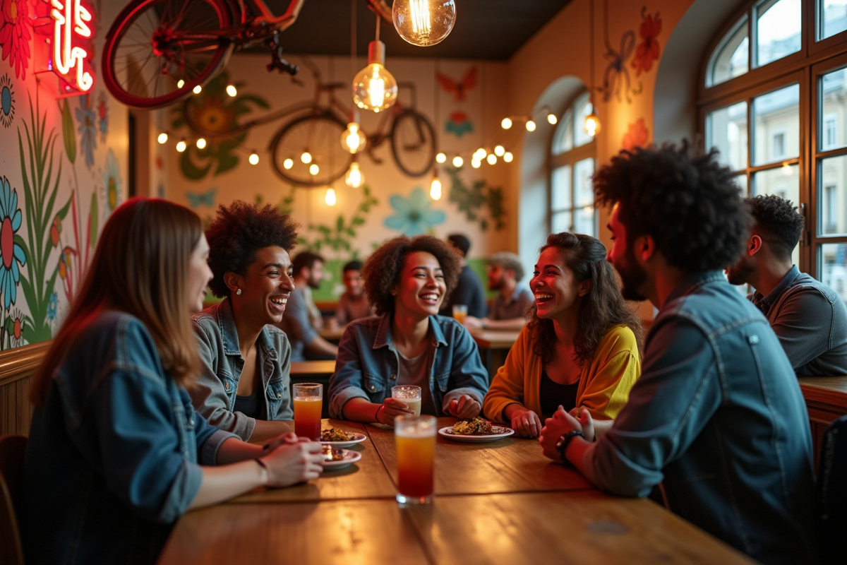 Café à thème original avec vélos suspendus et fresques murales