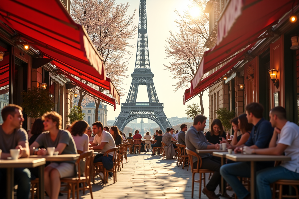 Terrasse de café parisien au printemps avec la Tour Eiffel en arrière-plan