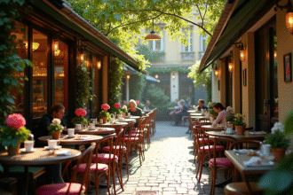 Café parisien caché dans une cour verdoyante avec mobilier vintage
