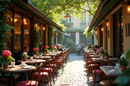 Café parisien caché dans une cour verdoyante avec mobilier vintage